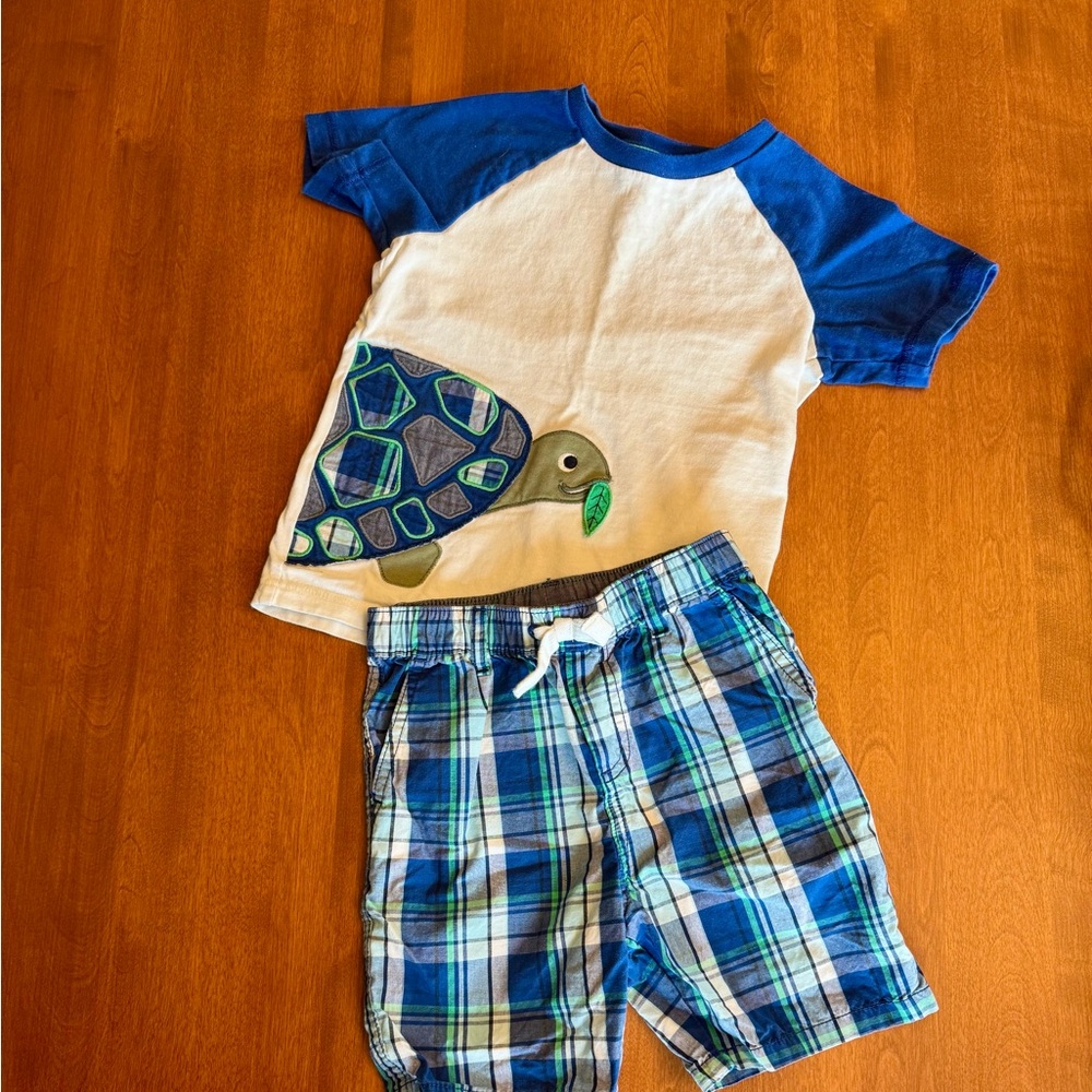 Gymboree Blue and White Turtle Shirt with matching Plaid Shorts Set